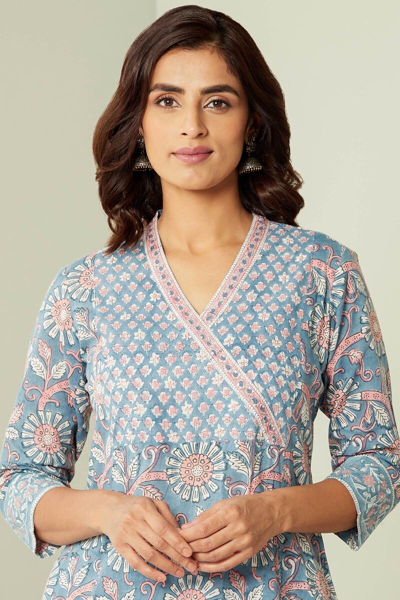 Crystal Blue Hand Block-Printed A-Line Cotton Mul Kurta