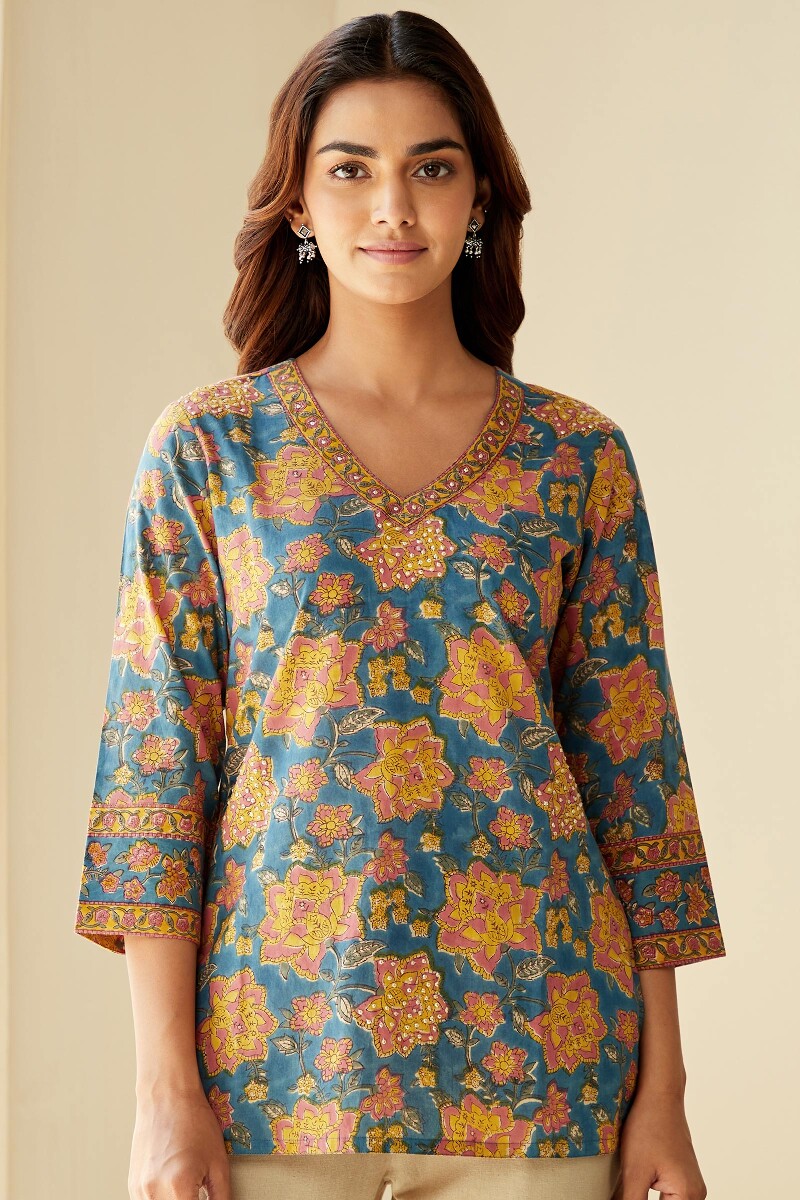 Blue Hand Block-Printed Cotton Top