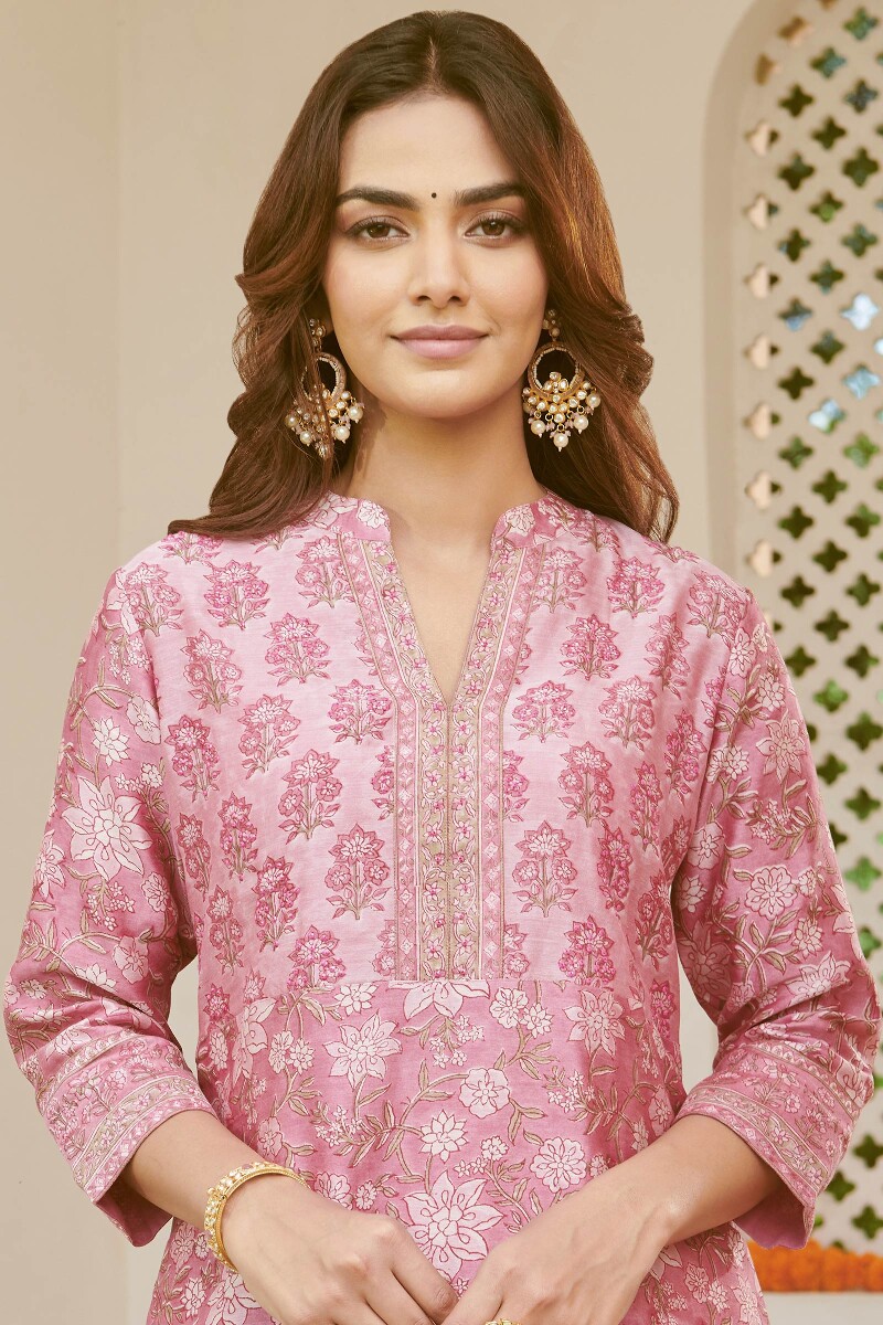 Pink Hand Block-Printed Straight Chanderi Kurta