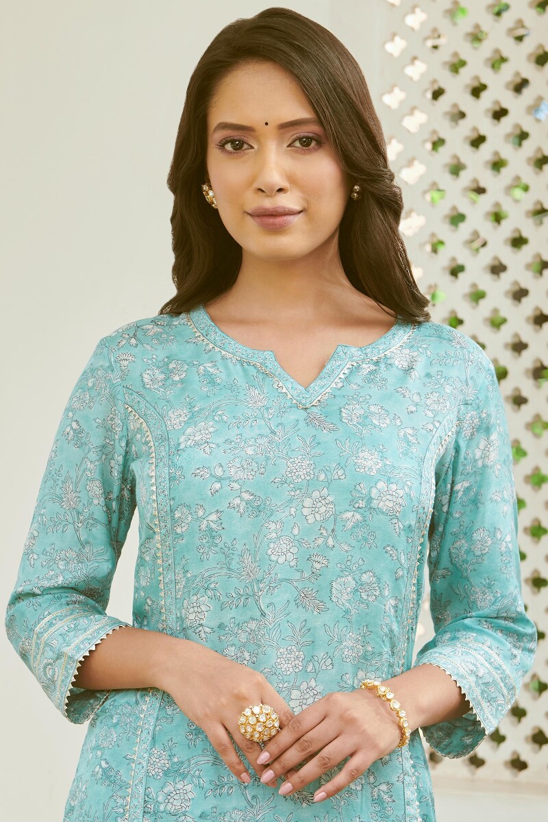 Blue Hand Block-Printed Straight Viscose Kurta