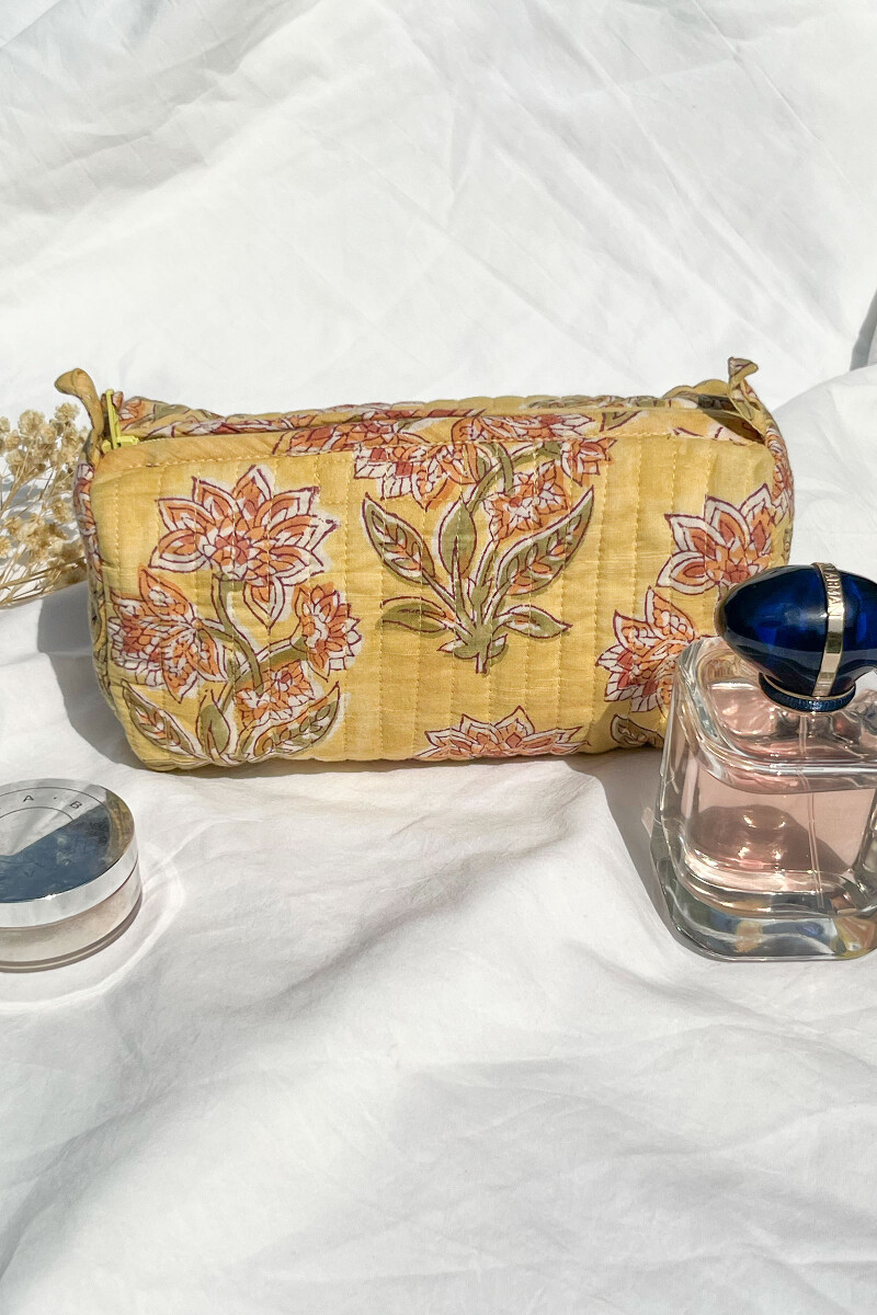 Yellow Hand Block-Printed Cotton Vanity Pouch