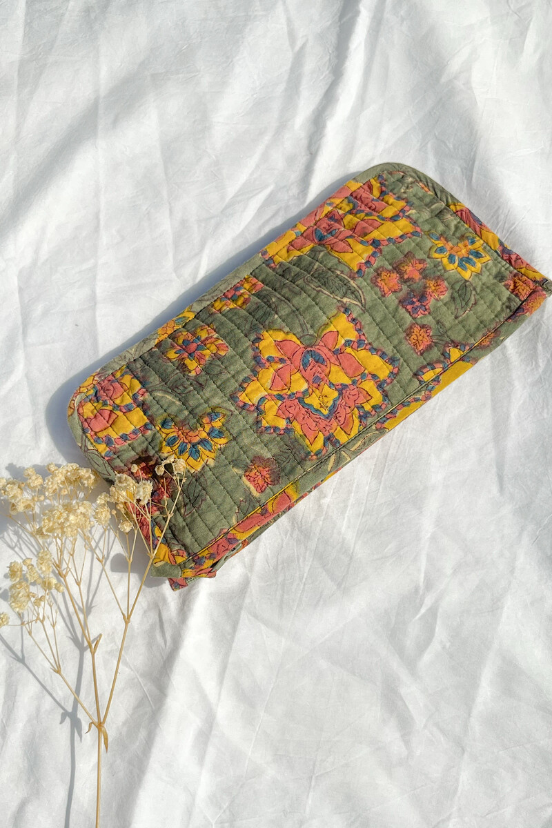 Green Hand Block-Printed Cotton Pencil Pouch