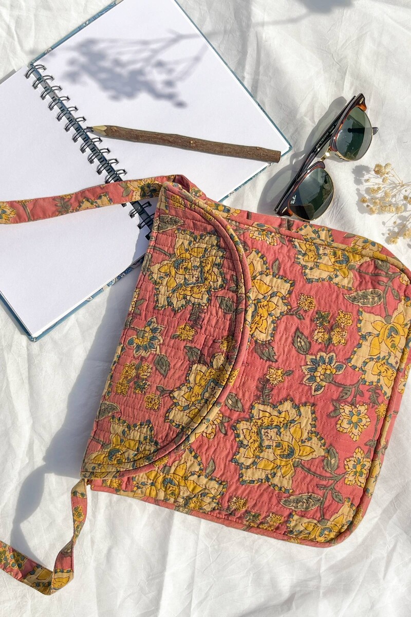 Peach Hand Block-Printed Cotton Crossbody Bag
