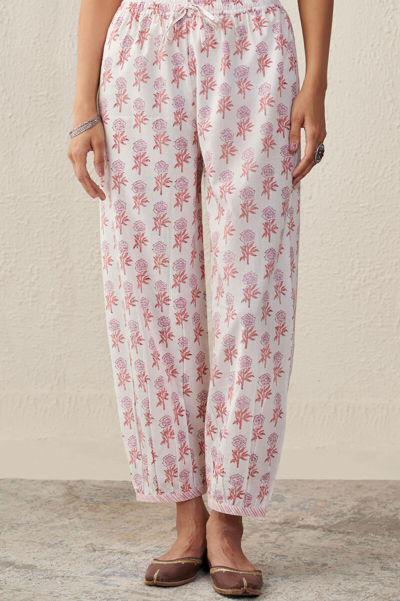 White Hand Block-Printed Cotton Izhaar Pants