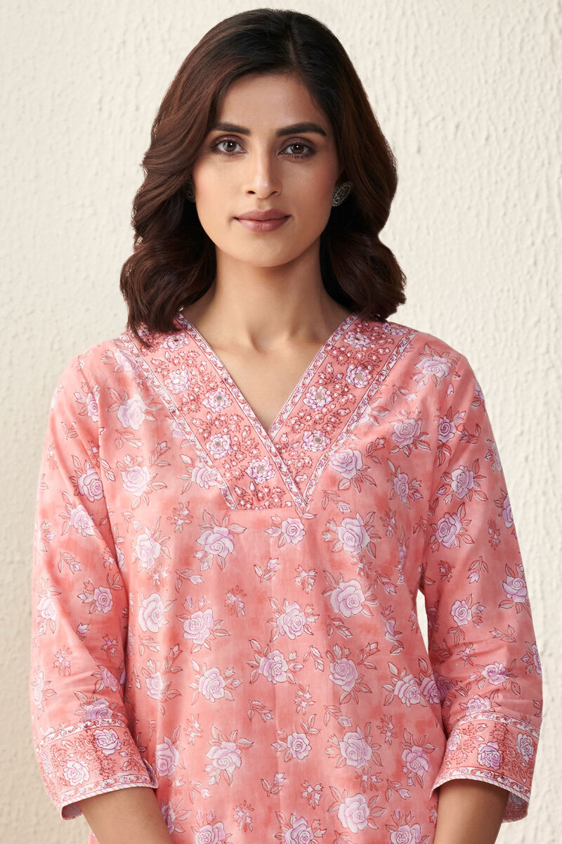 Peach Hand Block-Printed Straight Cotton Kurta
