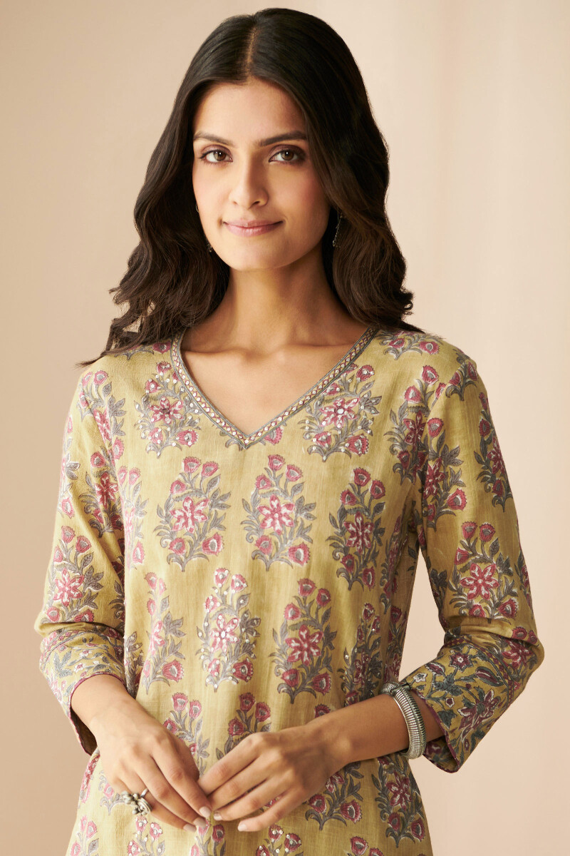 Mustard Hand Block-Printed Straight Cotton Slub Kurta