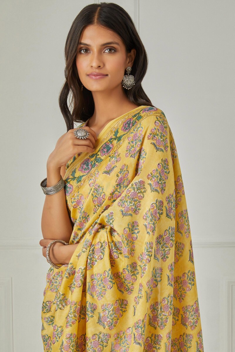 Sanganeri Hand Block-Printed Chanderi Saree