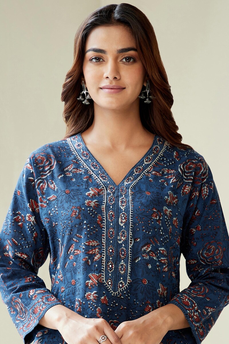 Indigo Hand Block-Printed A-Line Cotton Kurta