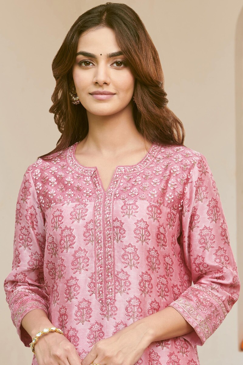 Pink Hand Block-Printed Straight Chanderi Kurta