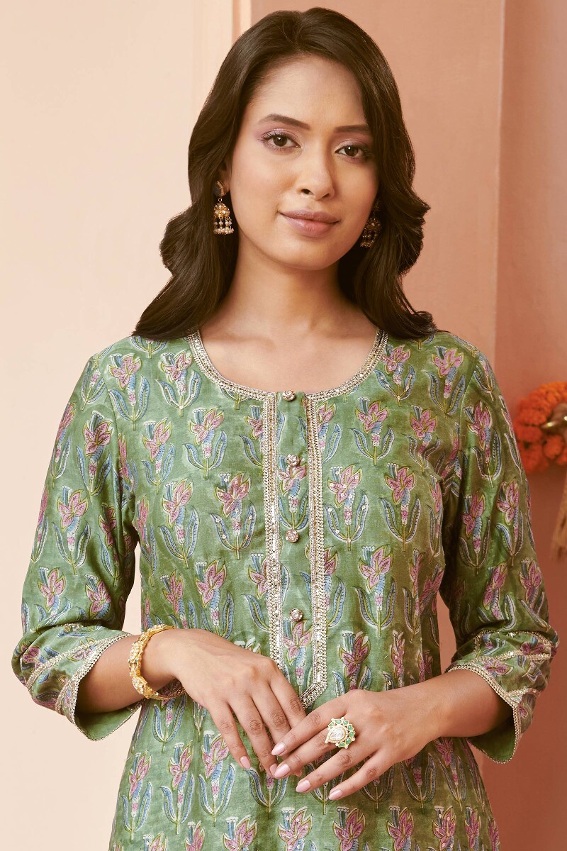 Green Hand Block-Printed Straight Chanderi Kurta