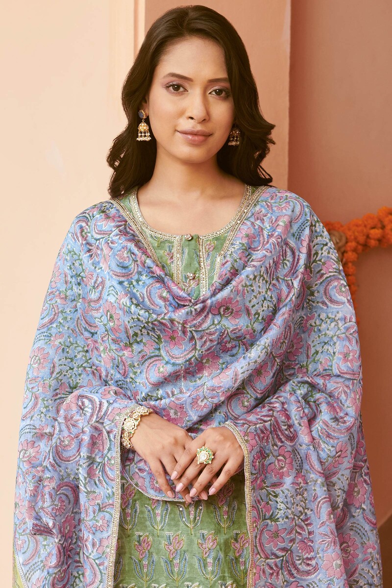 Blue Hand Block-Printed Chanderi Dupatta