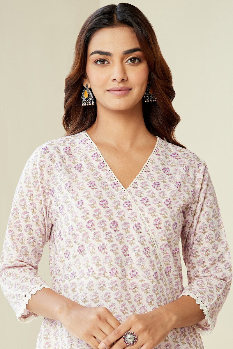 Purple Hand Block-Printed Straight Cotton Kurta