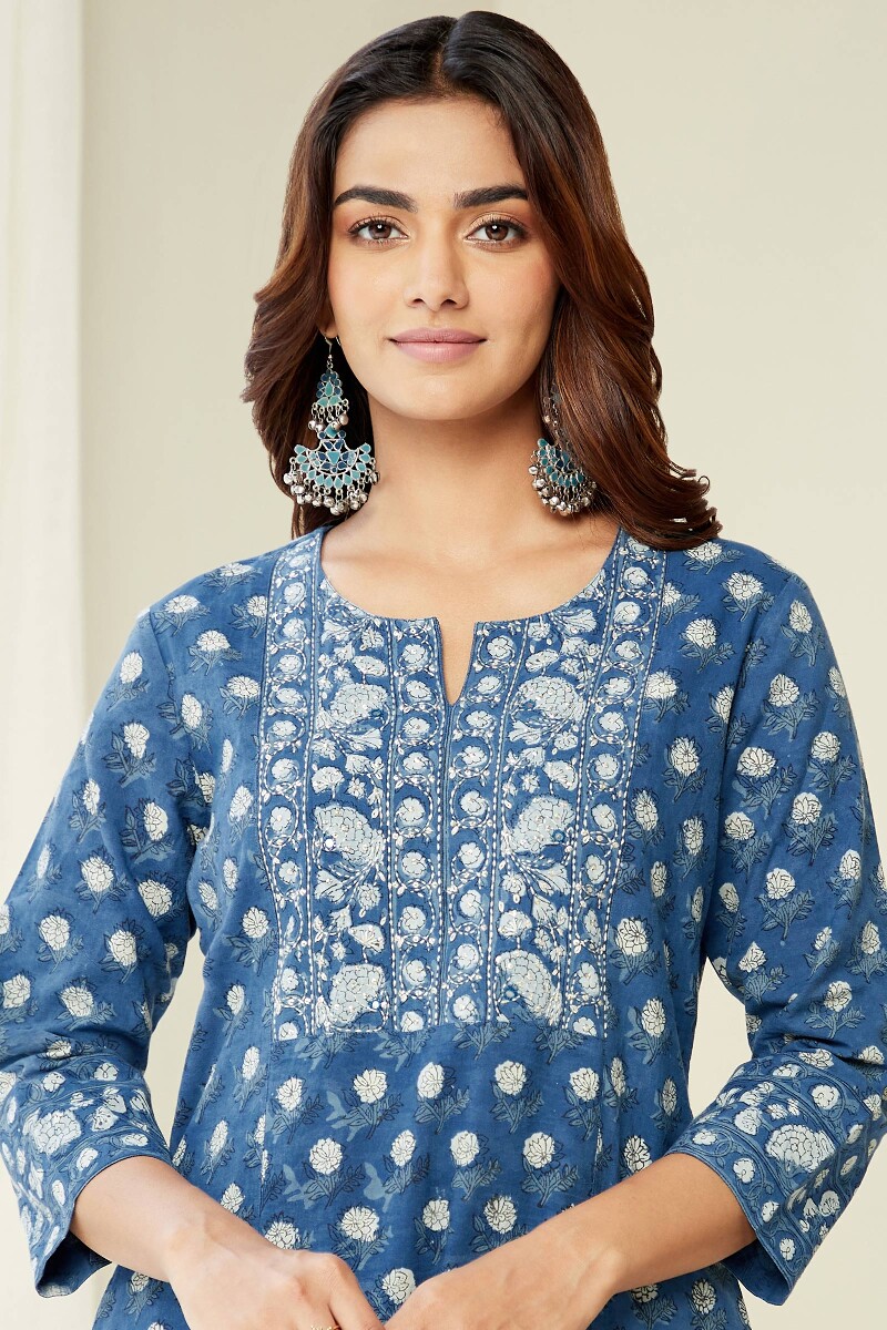 Indigo Hand Block-Printed Straight Cotton Kurta