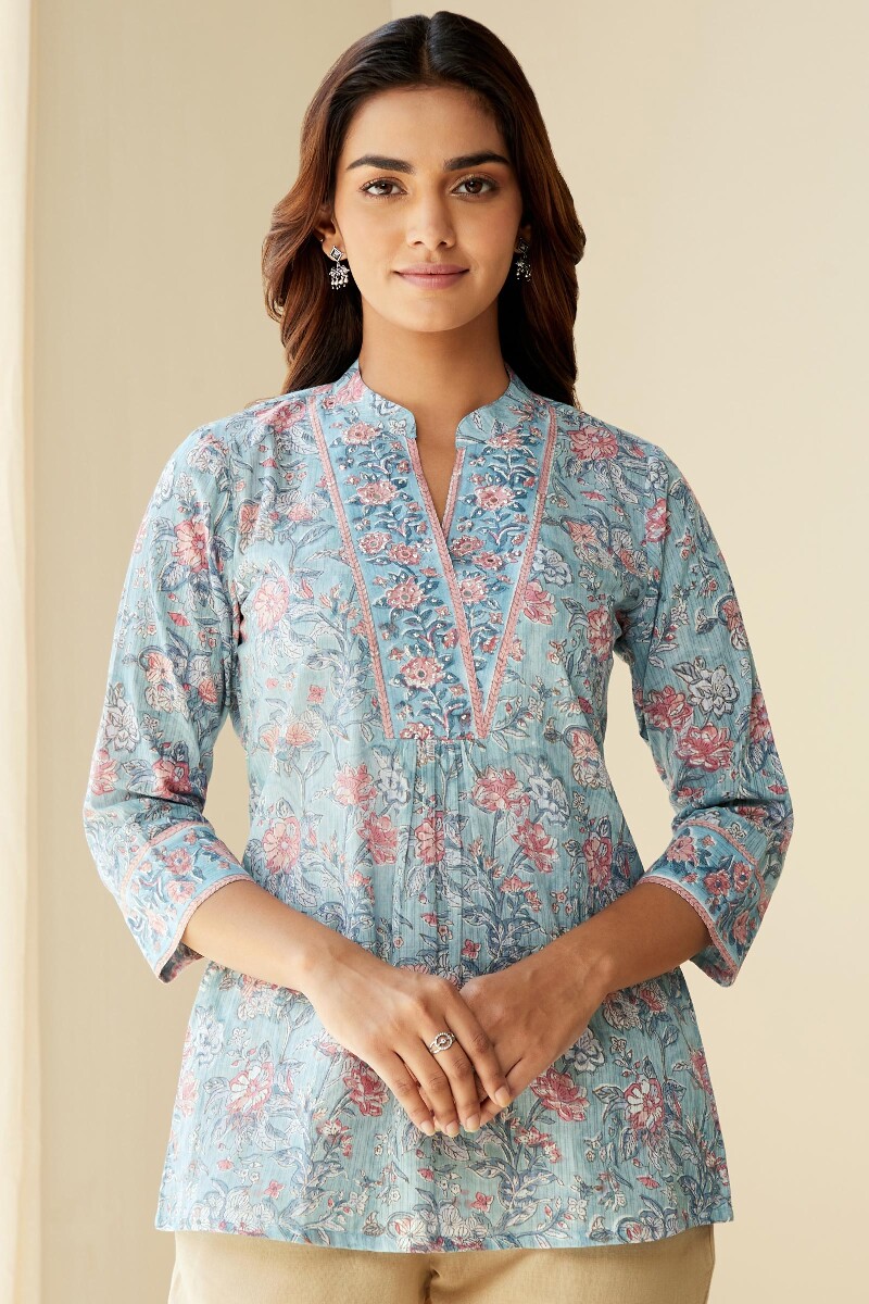Blue Hand Block-Printed Cotton Dobby Top