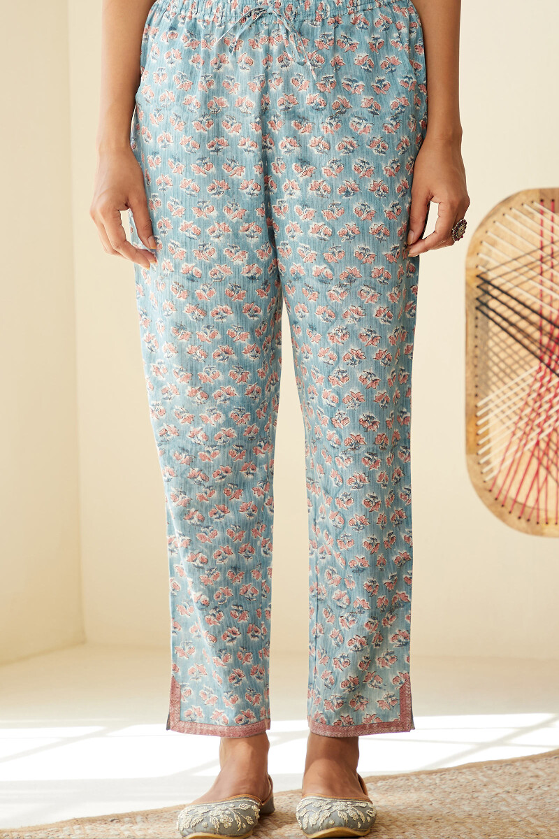 Blue Hand Block-Printed Cotton Dobby Narrow Pants