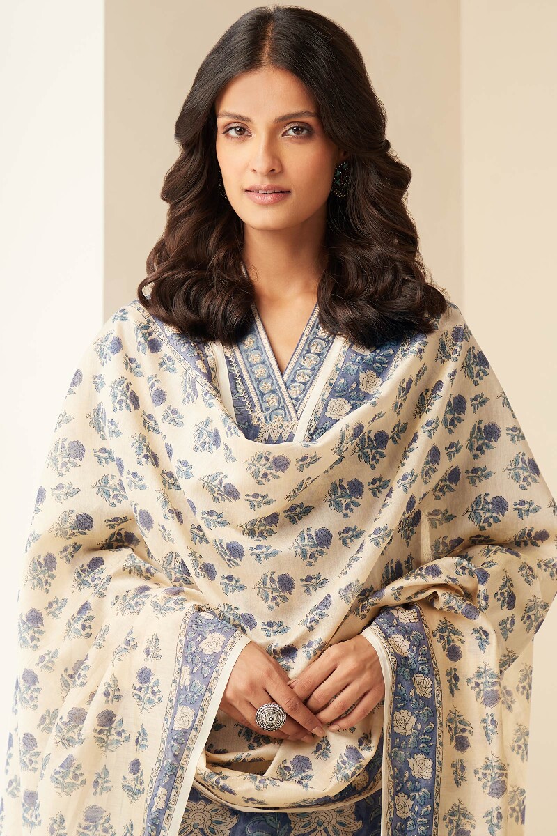 Beige Hand Block-Printed Chanderi Dupatta