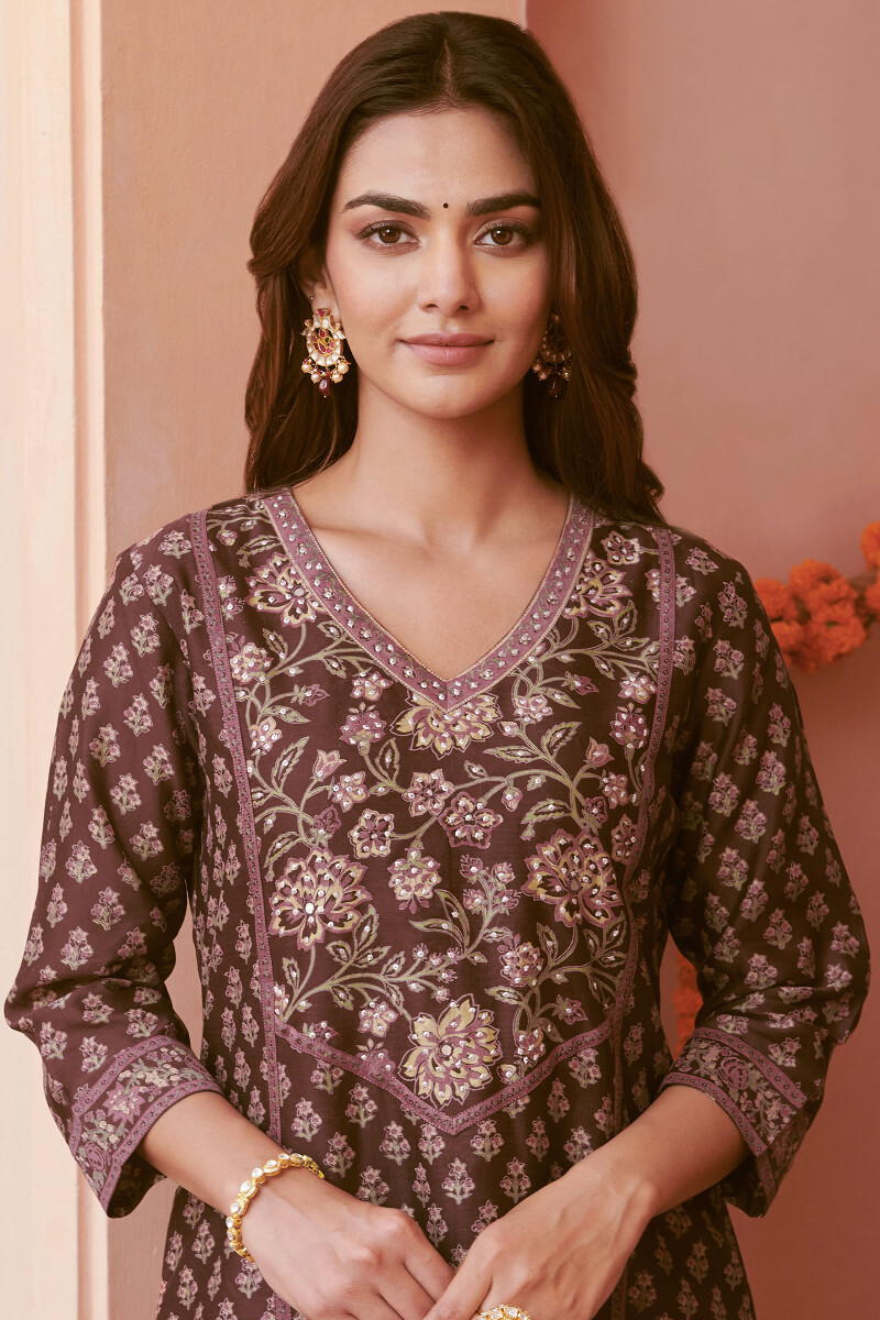 Brown Hand Block-Printed Straight Chanderi Kurta