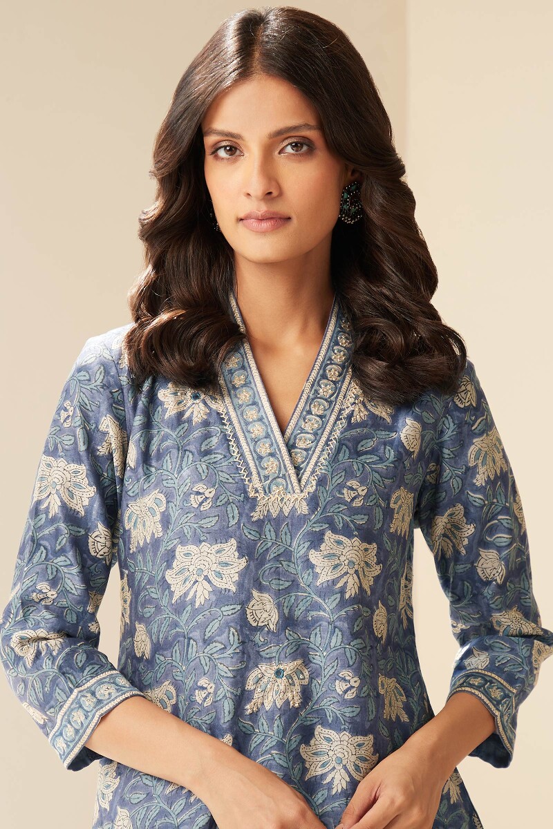 Blue Hand Block-Printed Straight Chanderi Kurta