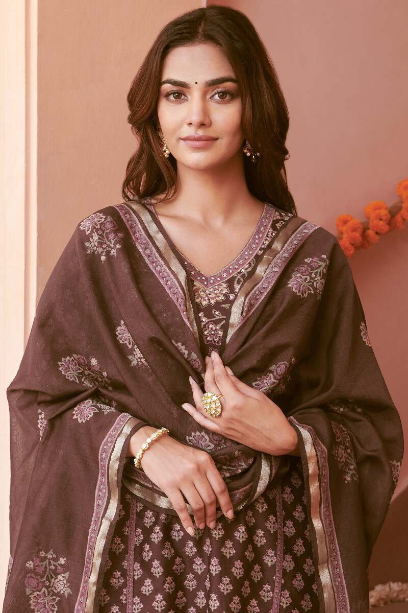 Brown Hand Block-Printed Chanderi Dupatta
