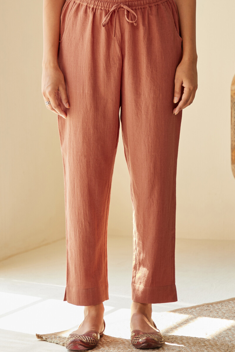 Peach Handcrafted Cotton Flax Narrow Pants