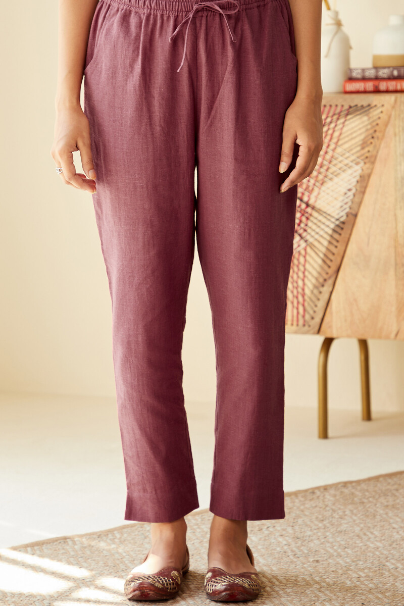 Red Handcrafted Cotton Flax Narrow Pants