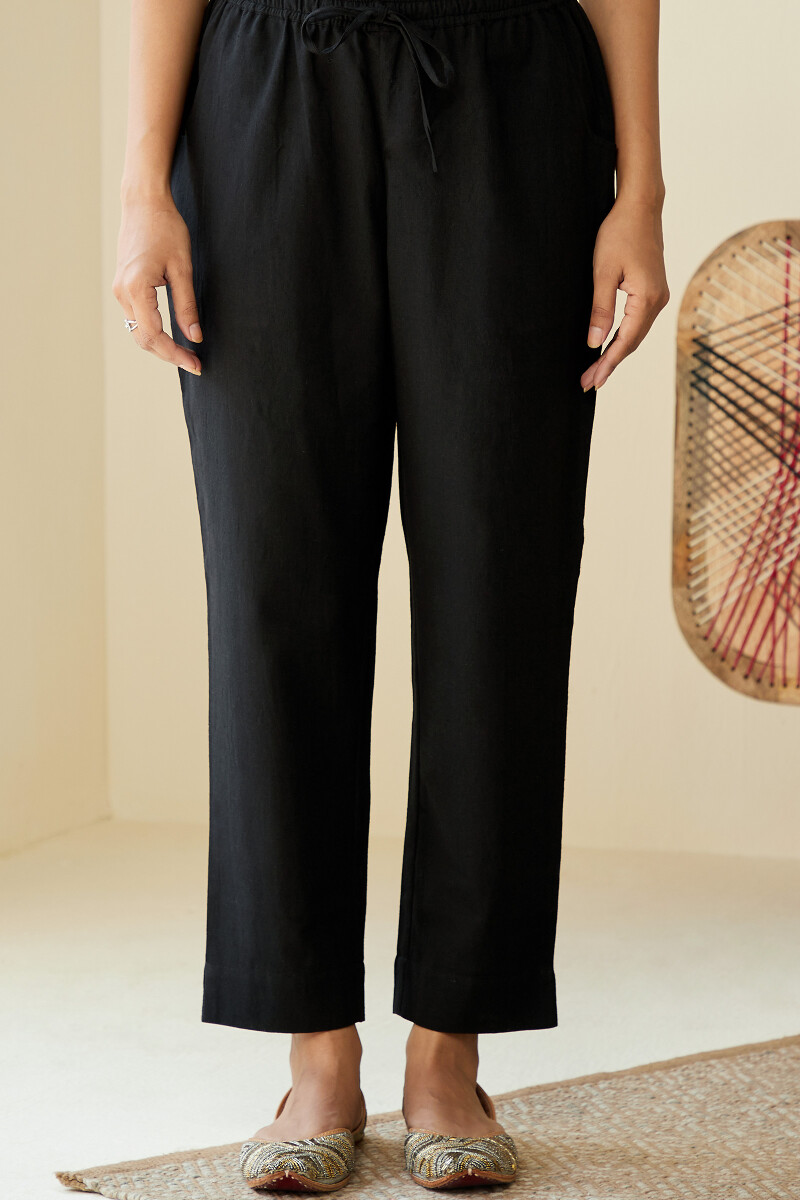 Black Handcrafted Cotton Flax Narrow Pants