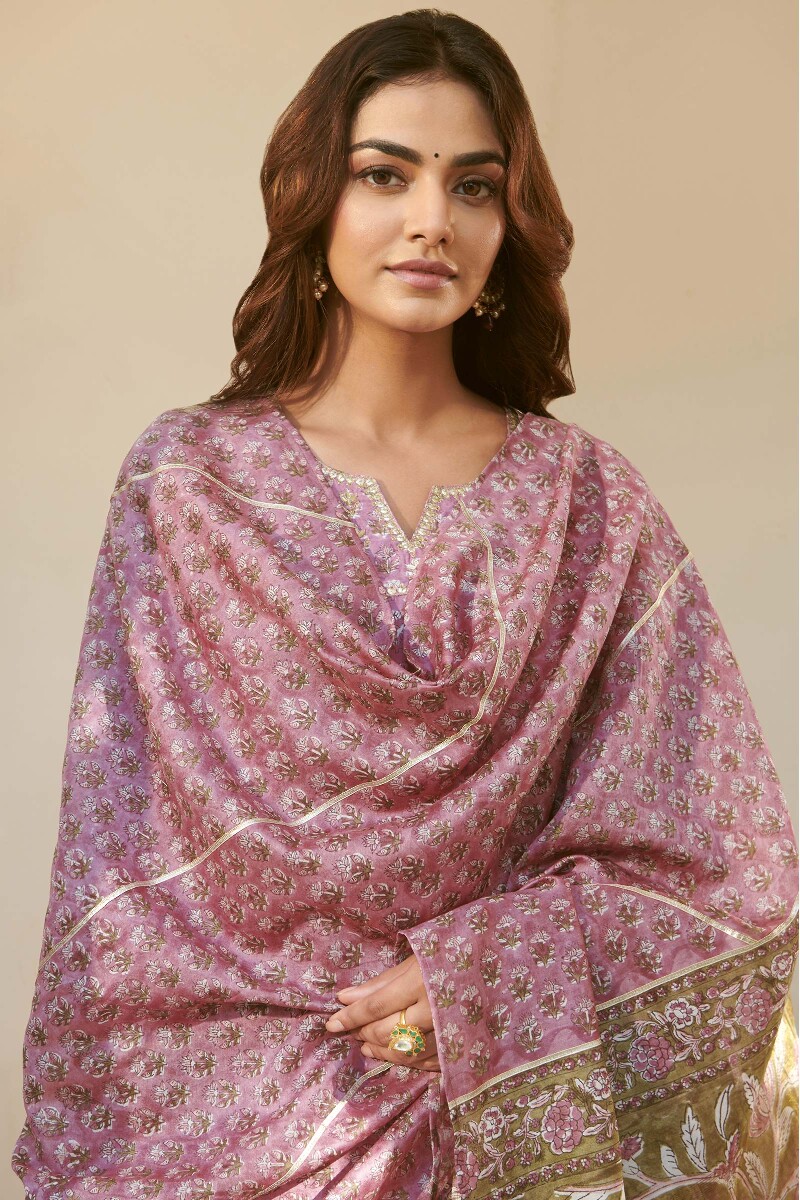 Purple Hand Block-Printed Chanderi Dupatta