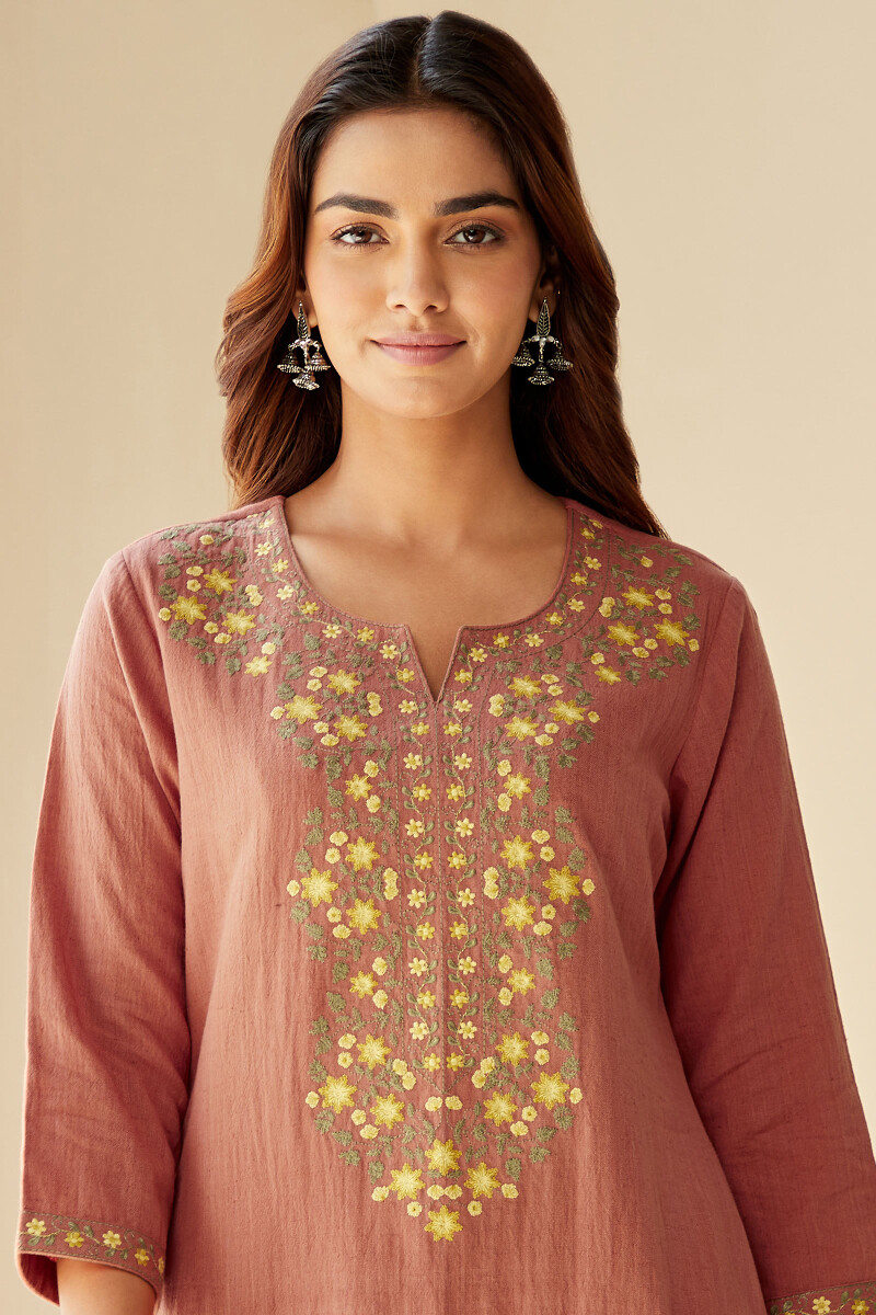 Peach Handcrafted Straight Cotton Flax Kurta