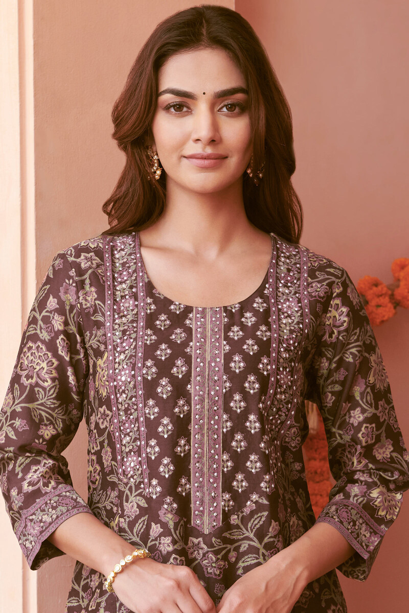 Brown Hand Block-Printed Straight Chanderi Kurta