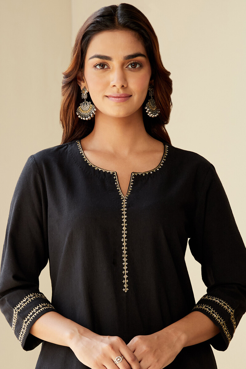 Black Handcrafted Straight Cotton Flax Kurta