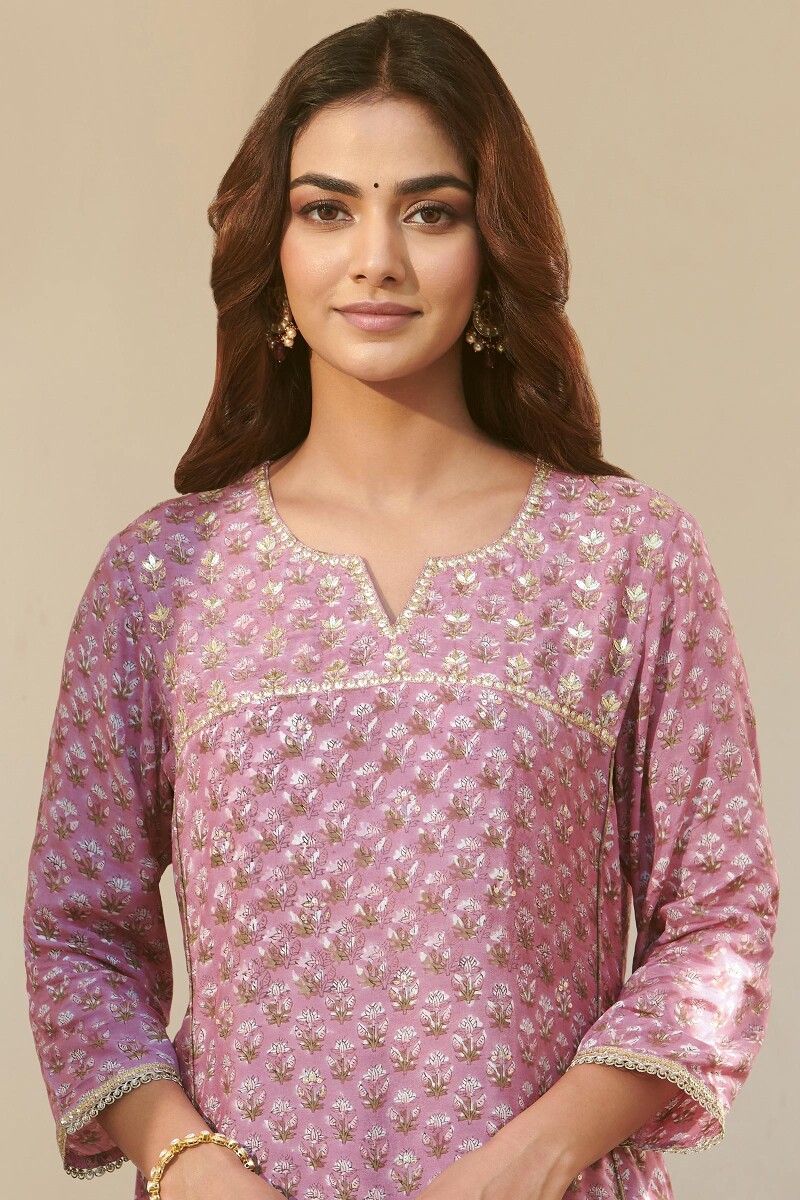Purple Hand Block-Printed Straight Viscose Kurta