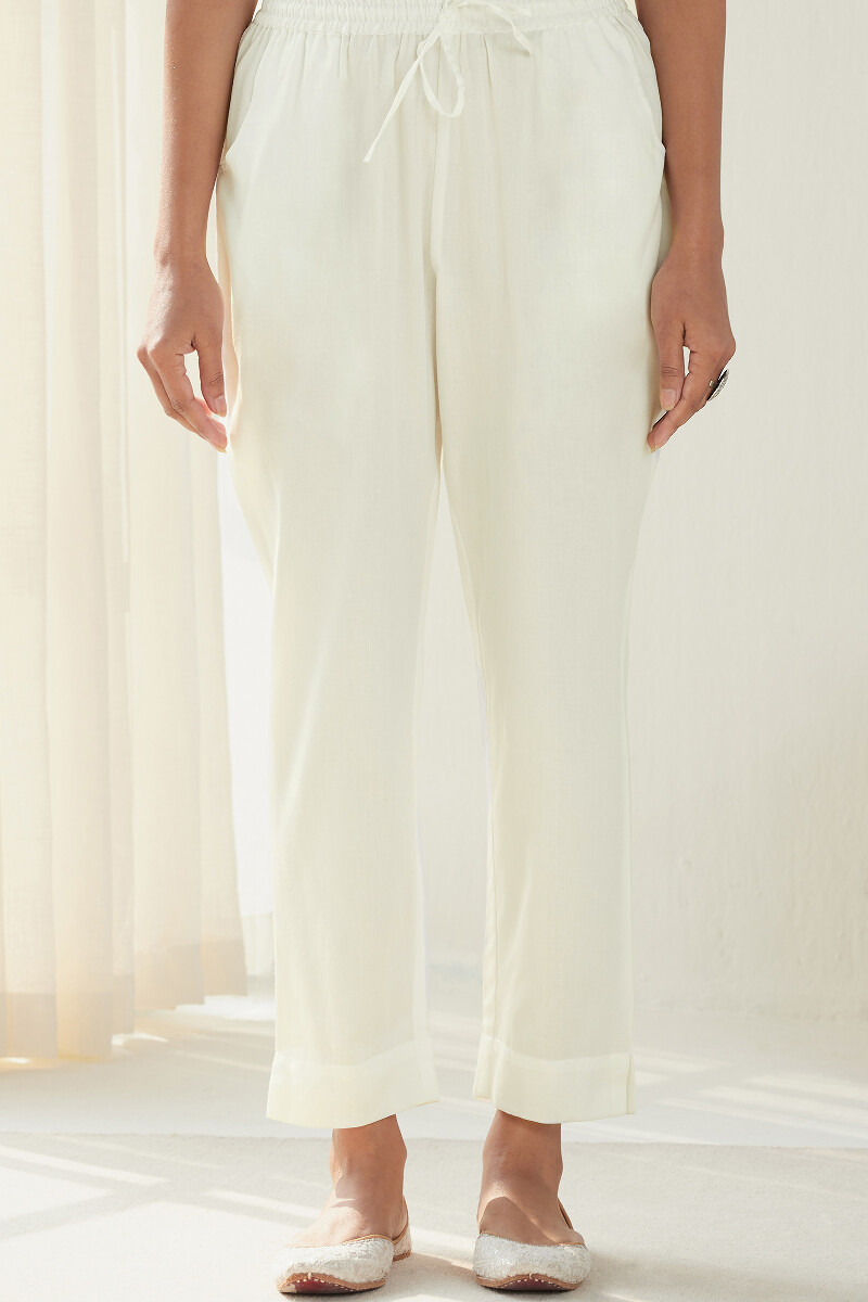 White Handcrafted Cotton Narrow Pants