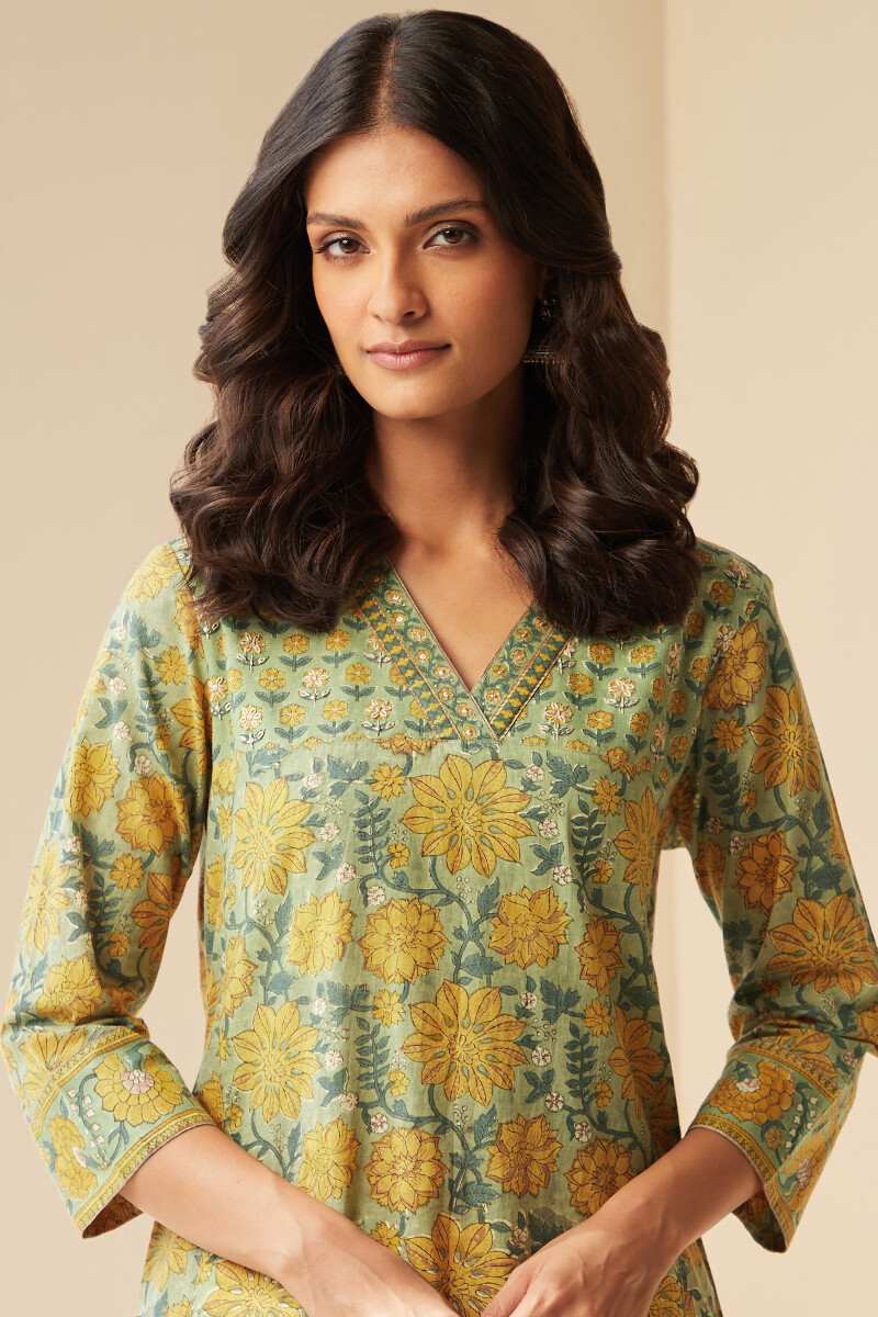 Green Hand Block-Printed Straight Cotton Kurta