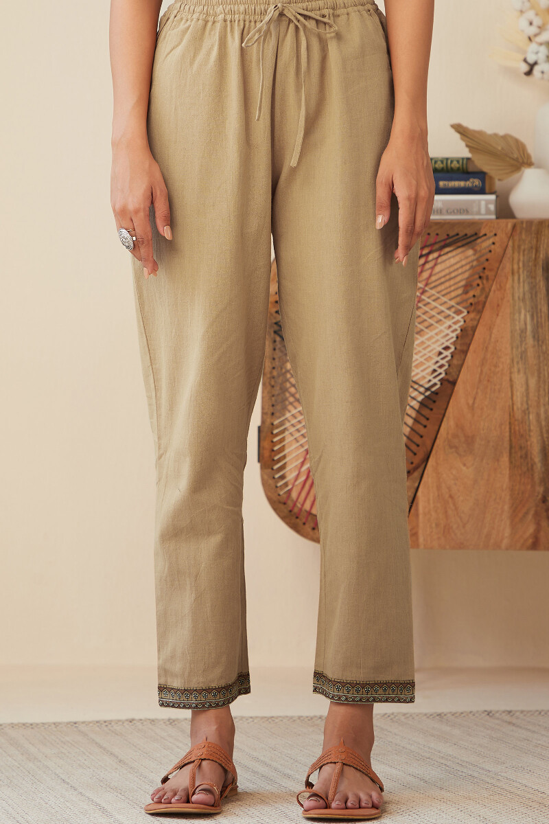 Brown Handcrafted Cotton Flax Narrow Pants
