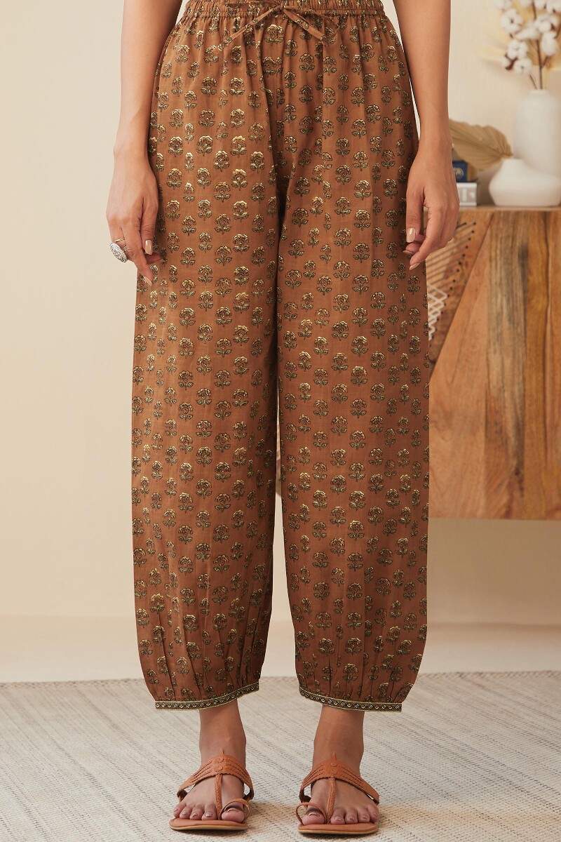 Brown Hand Printed Cotton Slub Izhaar Pants