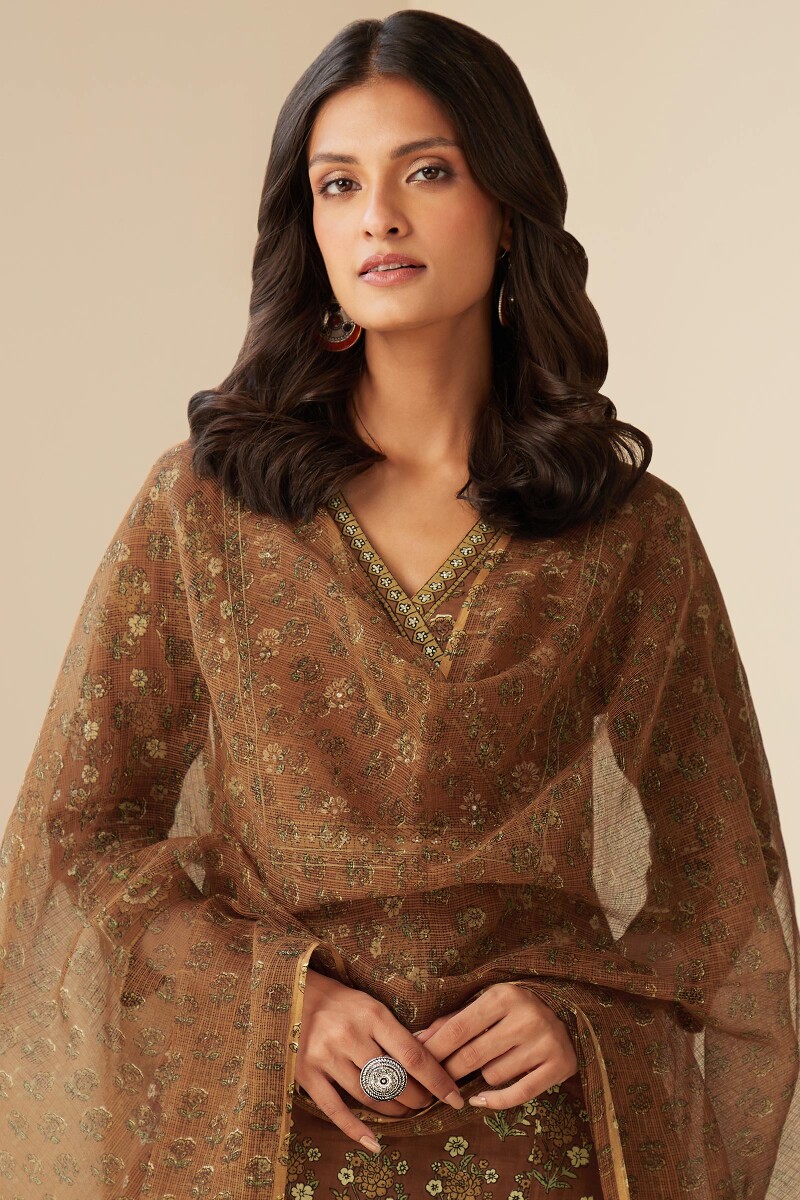 Brown Hand Printed Kota Dupatta