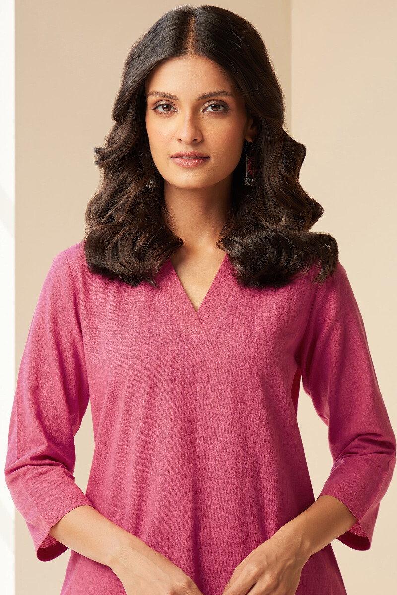 Rani Pink Handcrafted Straight Cotton Flax Kurta
