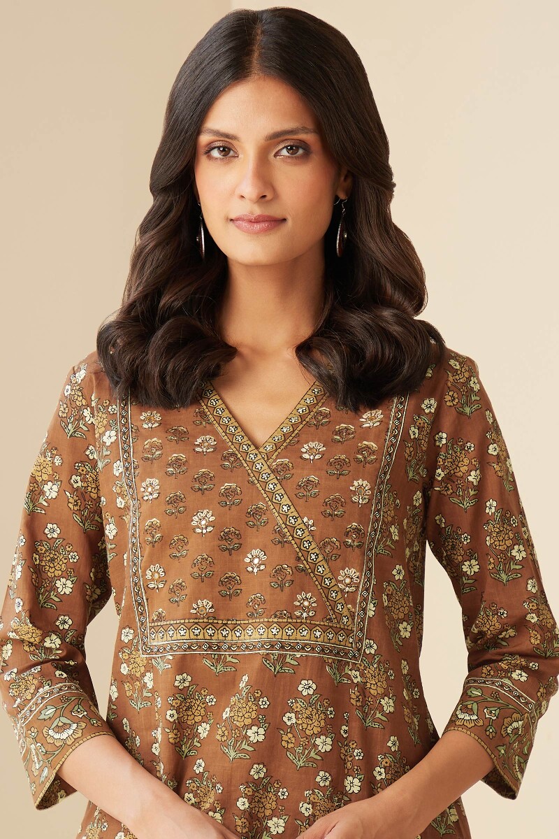 Brown Hand Printed Straight Cotton Slub Kurta