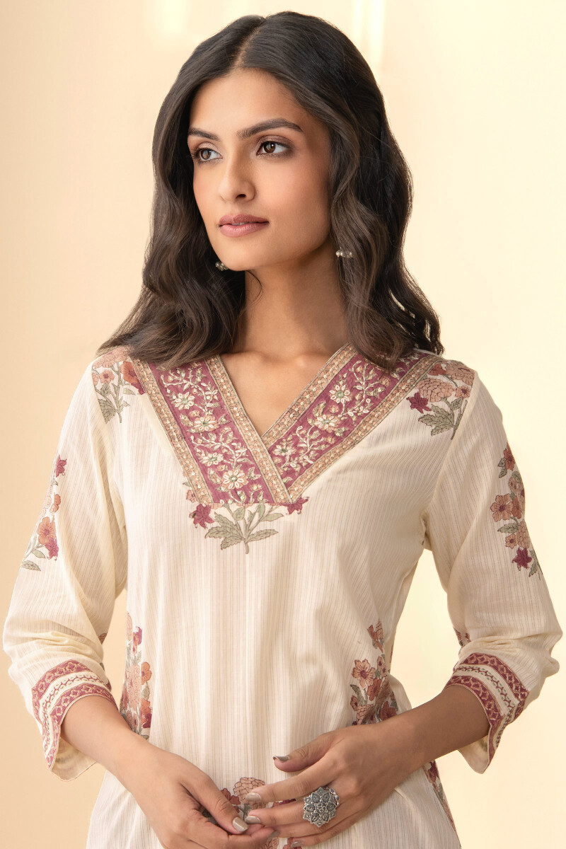 Beige Hand Block-Printed Straight Cotton Dobby Kurta