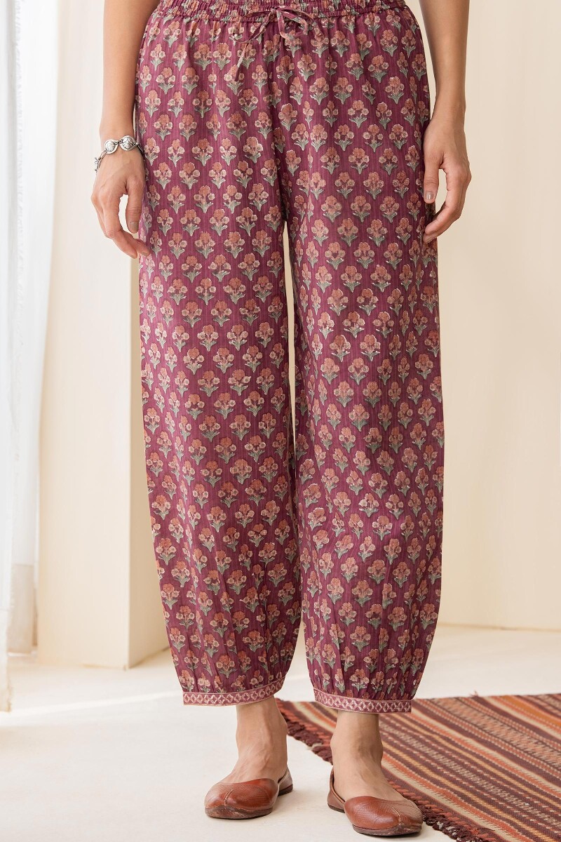 Maroon Hand Block-Printed Cotton Dobby Izhaar Pants