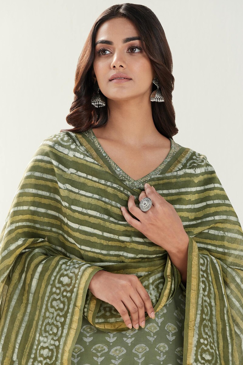 Green Hand Block-Printed Chanderi Dupatta