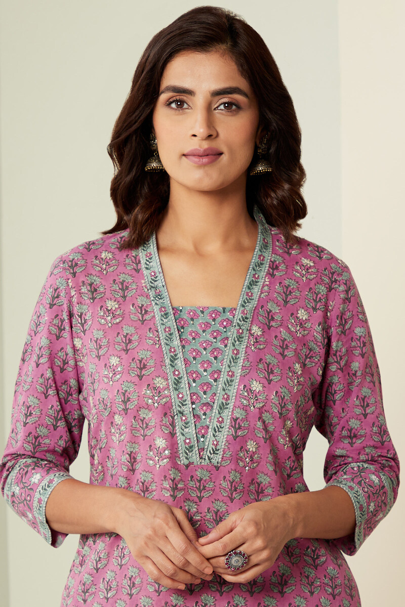 Purple Hand Block-Printed Straight Cotton Kurta