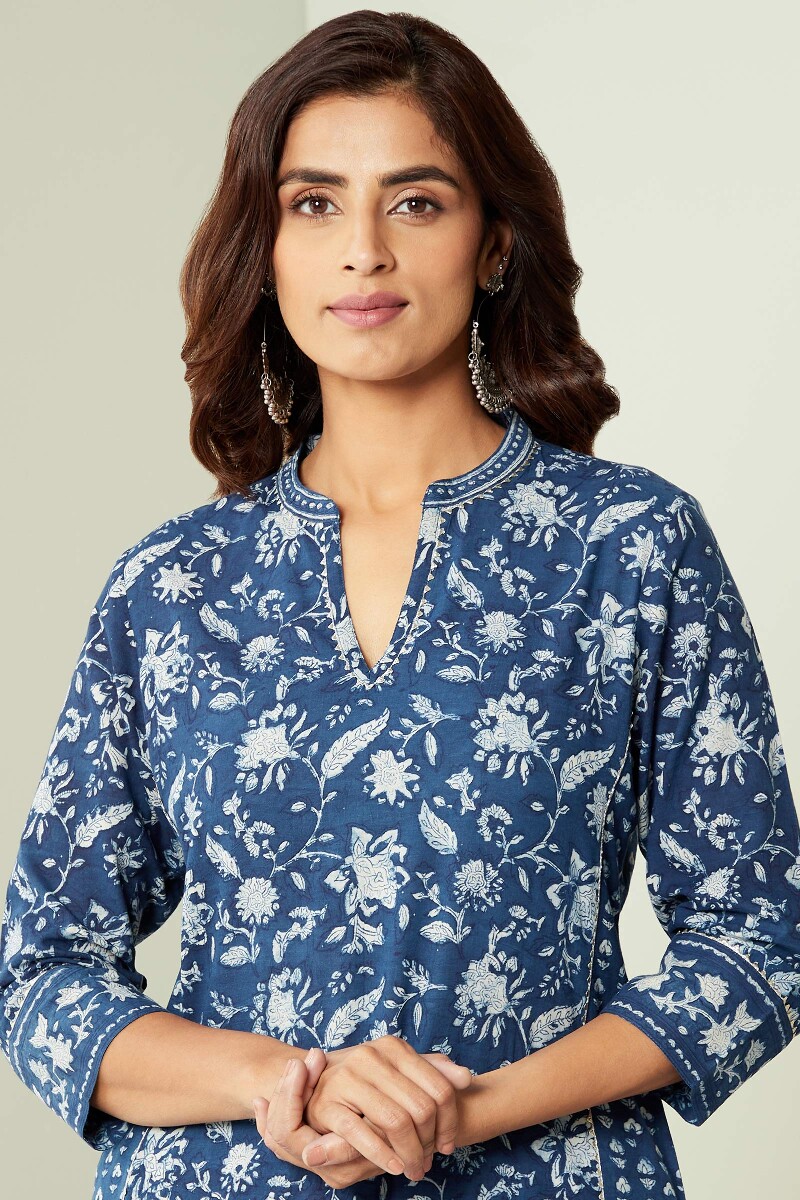 Indigo Hand Block-Printed Straight Cotton Kurta