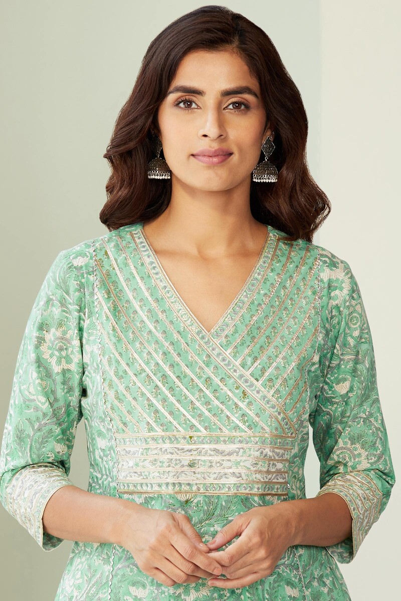 Green Hand Block-Printed Straight Cotton Kurta