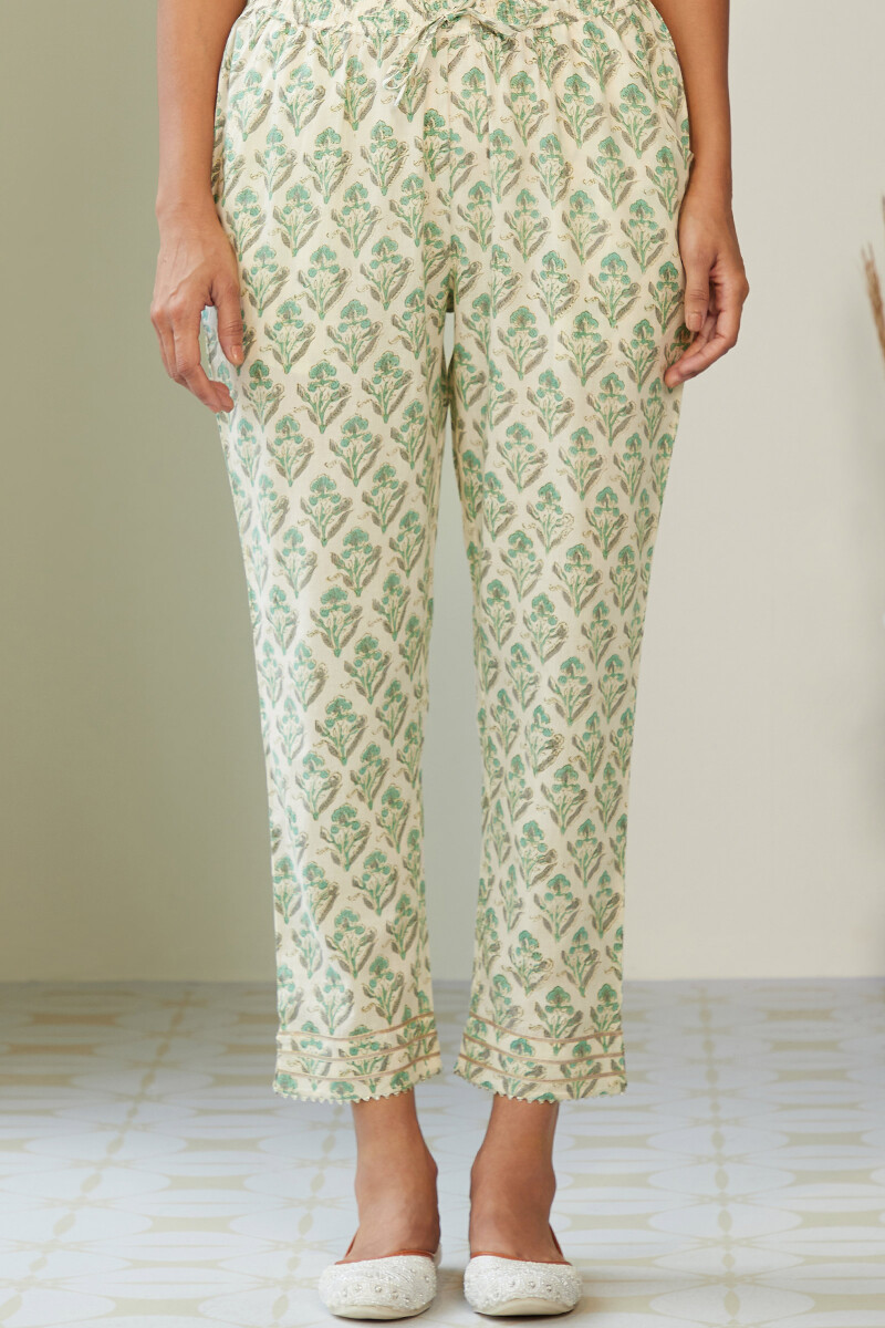 Off-White Hand Block-Printed Narrow Pants