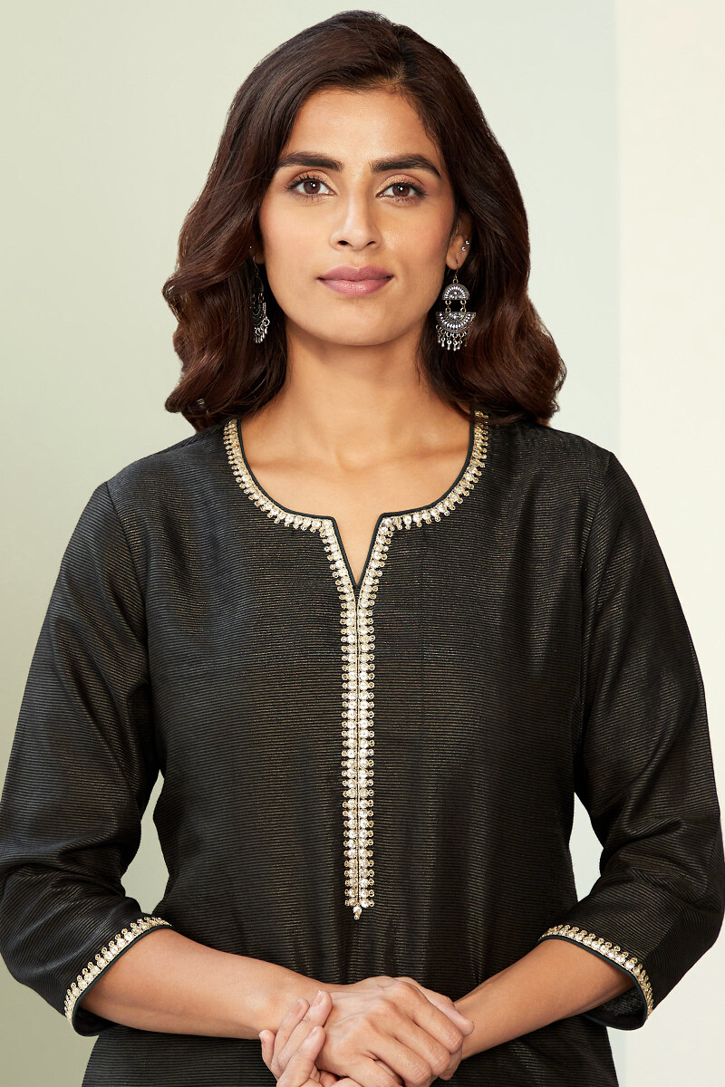 Black Handcrafted Straight Chanderi Kurta
