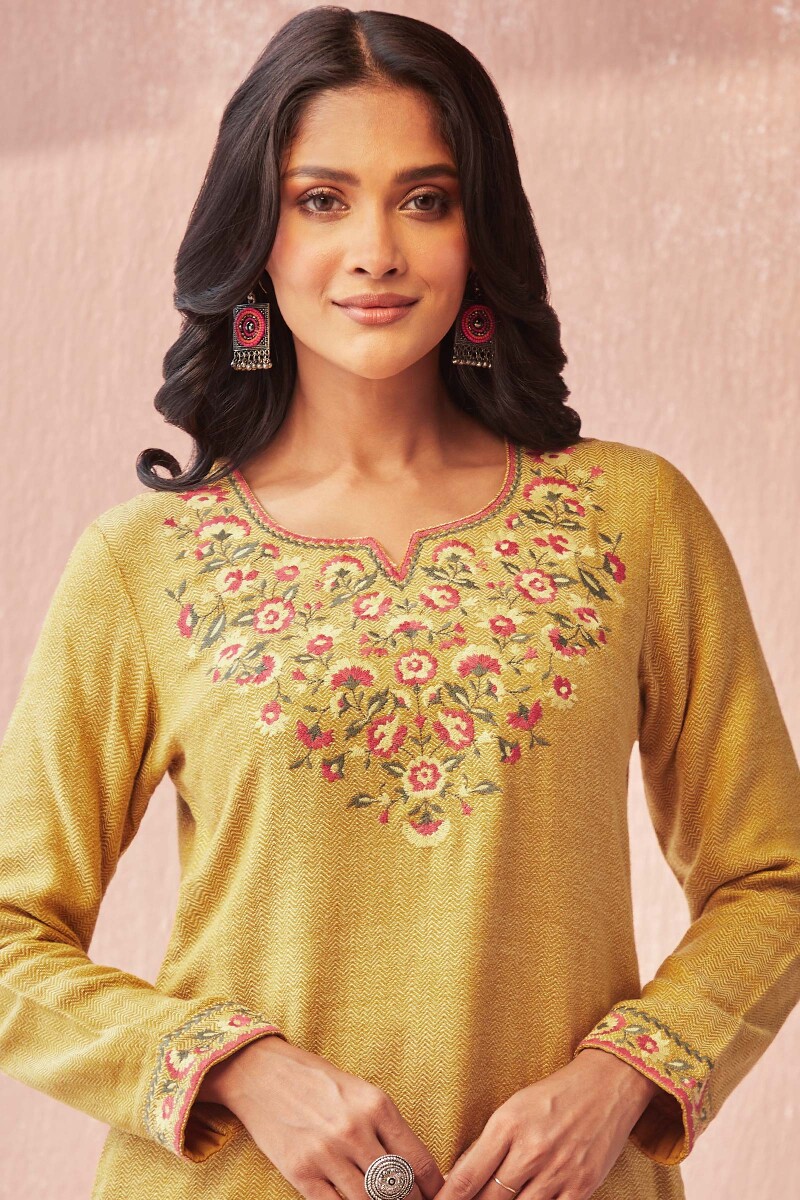 Yellow Handcrafted Straight Faux Wool Kurta