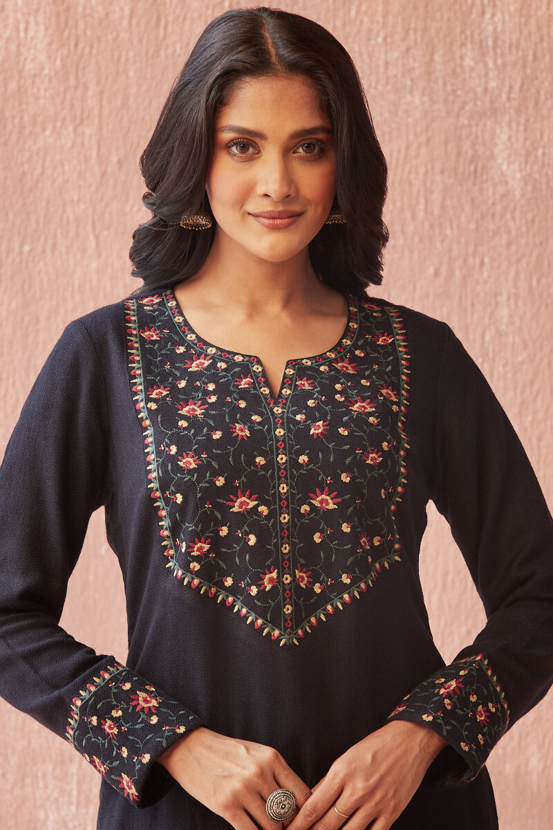 Black Handcrafted Straight Faux Wool Kurta