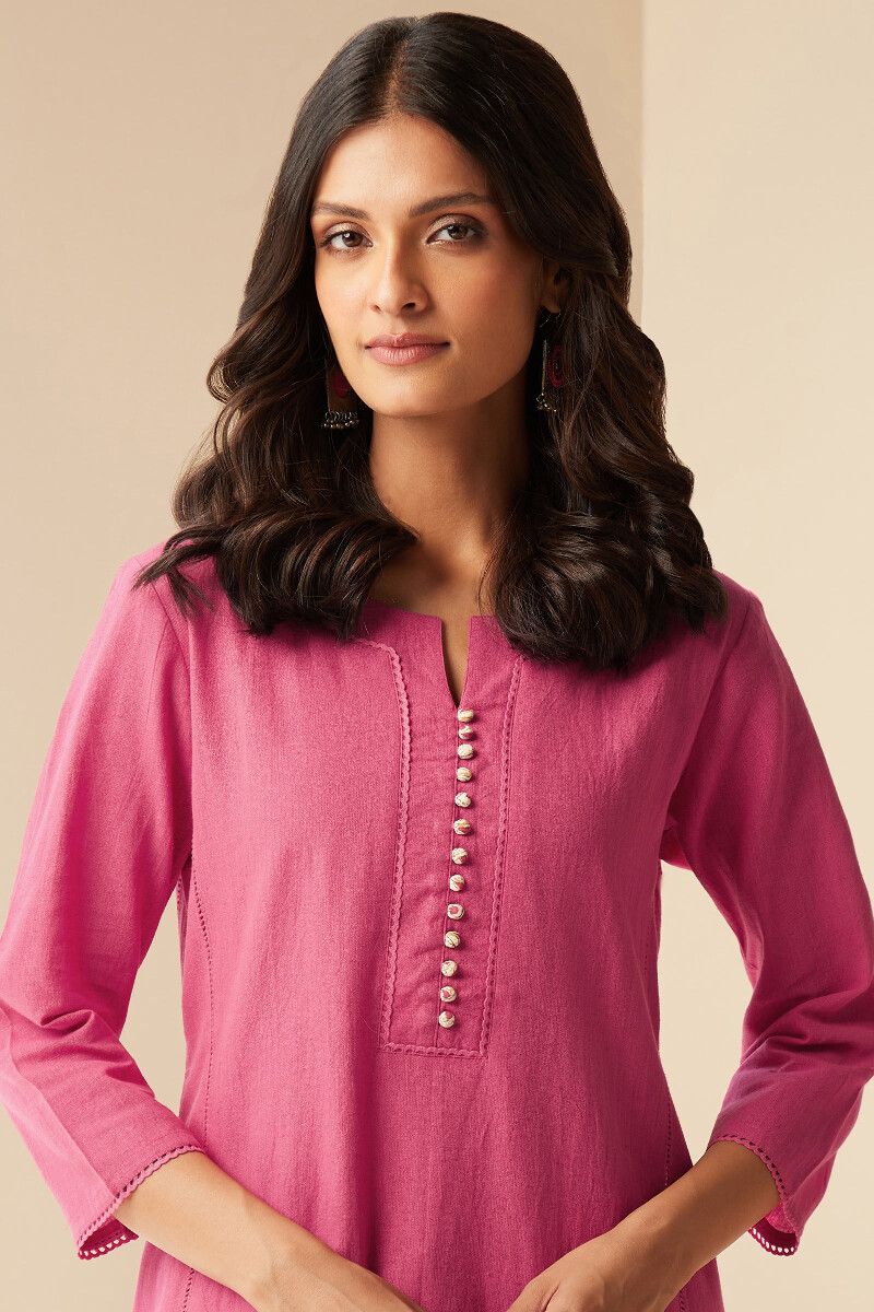 Rose Pink Handcrafted Straight Cotton Flax Kurta
