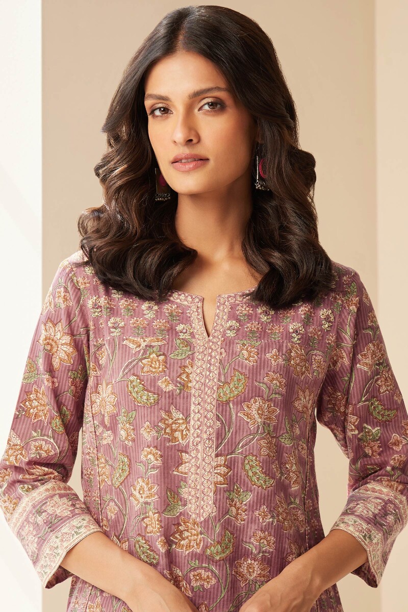 Pink Hand Block-Printed Straight Cotton Dobby Kurta